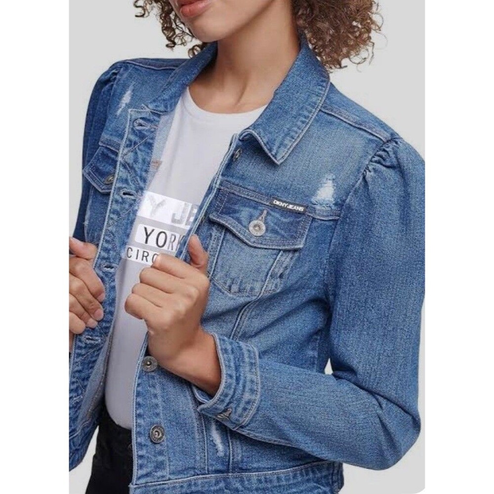 DKNY Women’s Pleated Shoulder Denim Jacket Y2K- XL